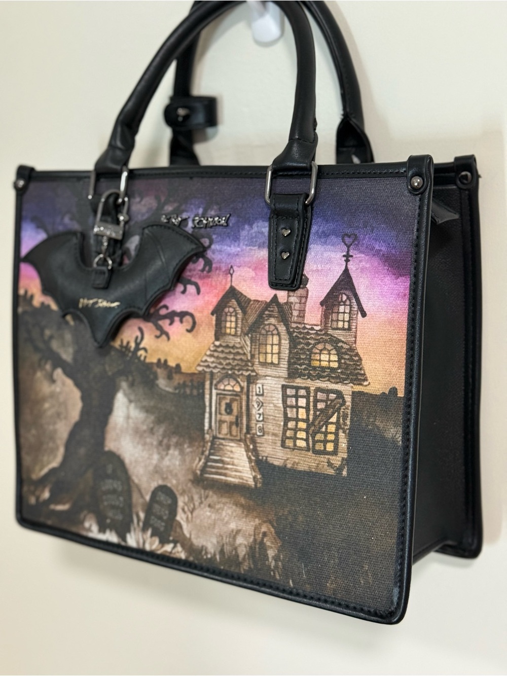 the Betsey Johnson Boo & Breakfast haunted house tote bag - Picture 2 of 6